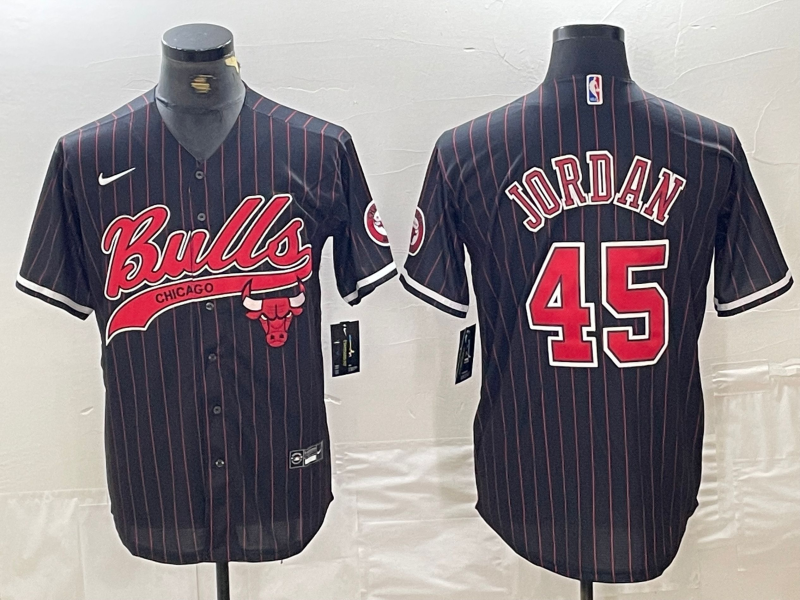 Chicago Bulls #45 Michael Jordan Black Pinstripe Cool Base Stitched Baseball Jersey - Zenithce