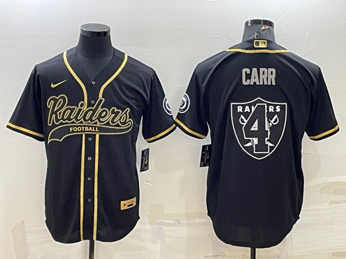 Las Vegas Raiders #4 Derek Carr Black Gold Team Big Logo With Patch Cool Base Stitched Baseball Jersey - Zenithce