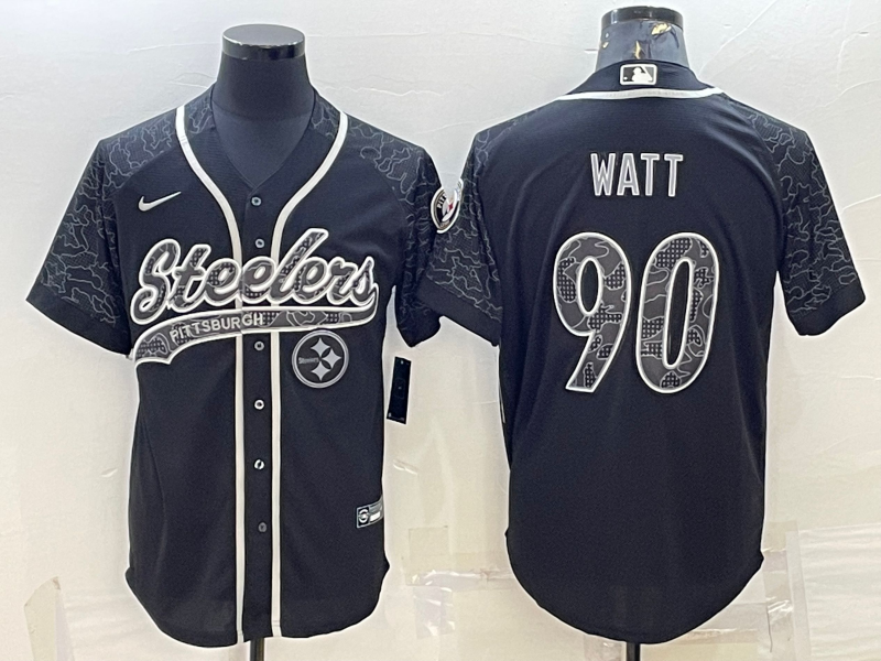 Pittsburgh Steelers #90 T.J. Watt Black Reflective With Patch Cool Base Stitched Baseball Jersey - Zenithce