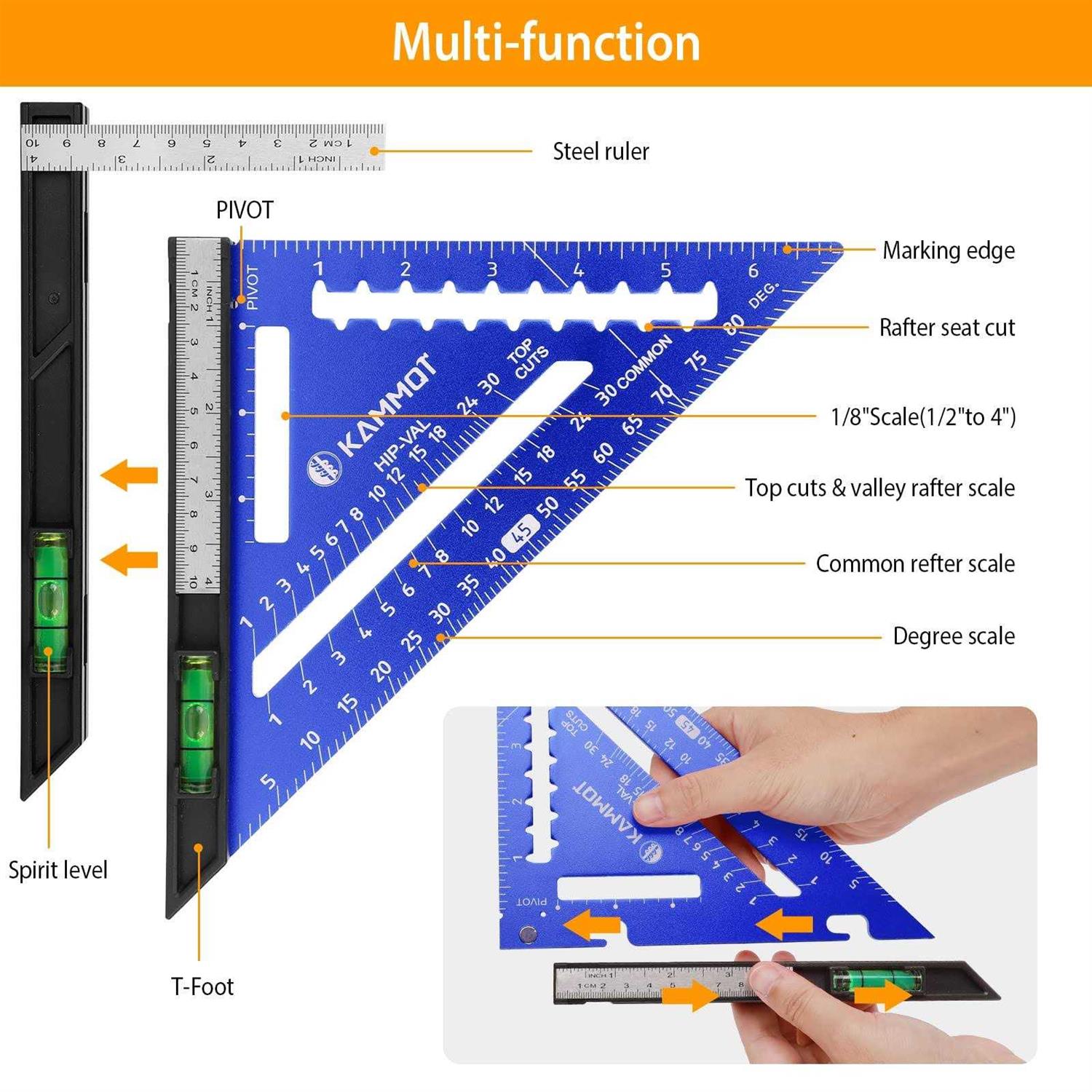 KAMMQI Rafter Square with Level Carpenter Squares Triangle Square 7 Inch Square Aluminum Layout Tools Woodworking - Zenithce