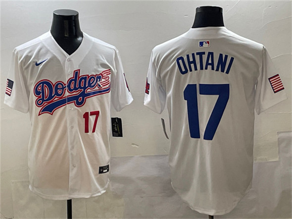 Los Angeles Dodgers #17 Shohei Ohtani White With American Flag Patch Limited Stitched Jersey - Zenithce