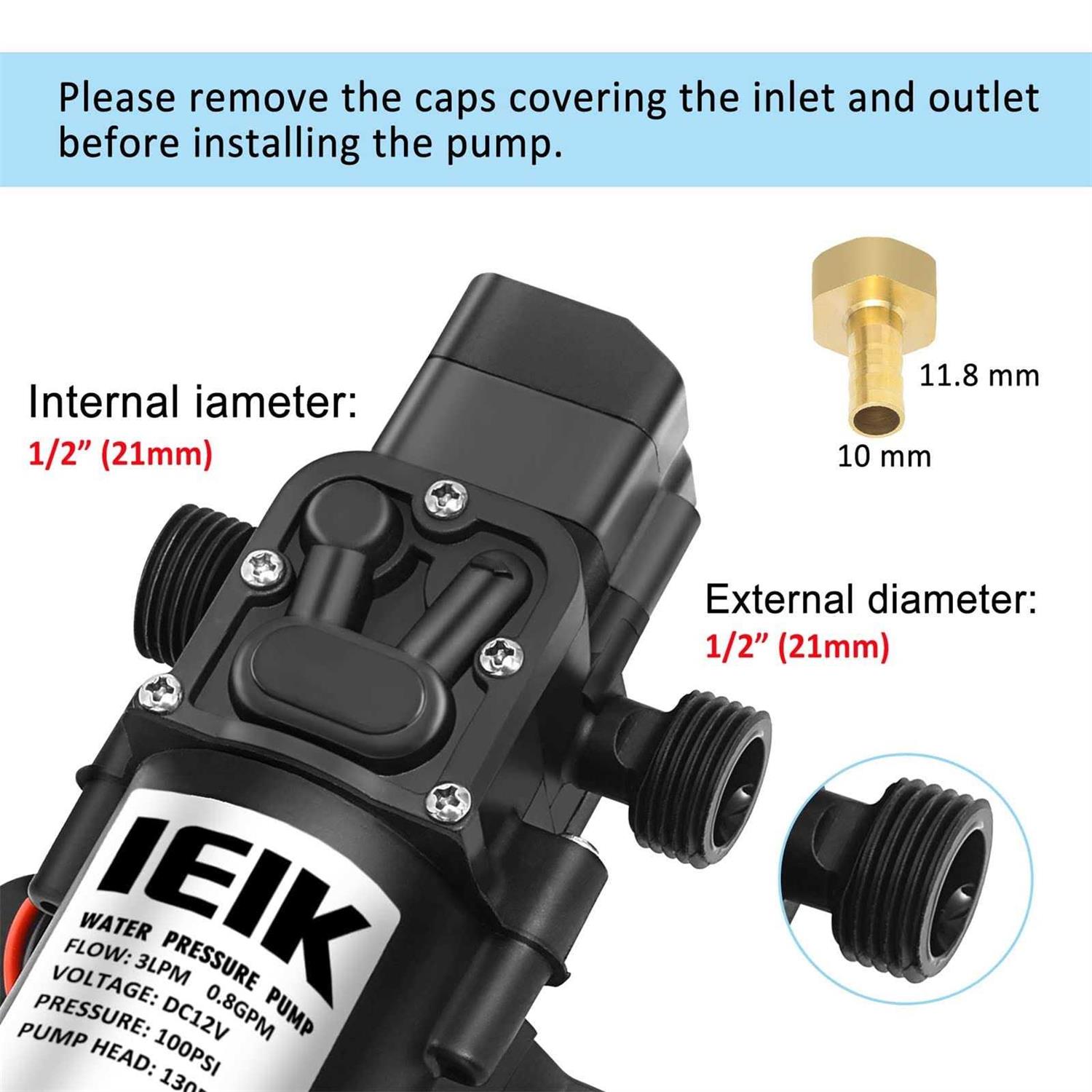 IEIK 12 Volt Diaphragm Pump 3LPM 0.8 GPM 100PSI Self Priming Sprayer Pump 12V DC Fresh Water Pump Water Pressure RV Camper Marine Boat - Zenithce