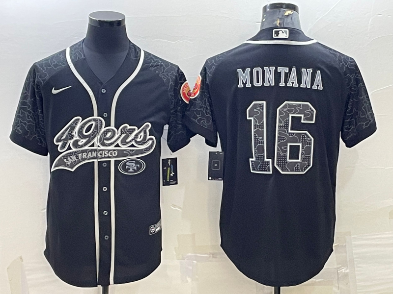 San Francisco 49ers #16 Joe Montana Black Reflective With Patch Cool Base Stitched Baseball Jersey - Zenithce