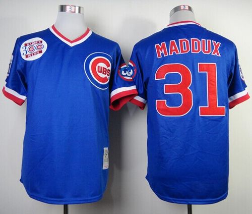 Mitchell And Ness Cubs #31 Greg Maddux Blue Throwback Stitched Jersey - Zenithce