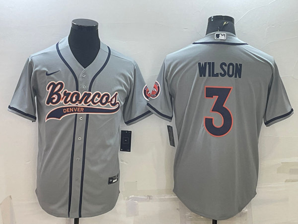 Denver Broncos #3 Russell Wilson Gray With Patch Cool Base Stitched Baseball Jersey - Zenithce