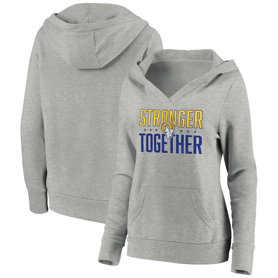 Women's Los Angeles Rams Heather Gray Stronger Together Crossover Neck Pullover Hoodie(Run Small) - Zenithce