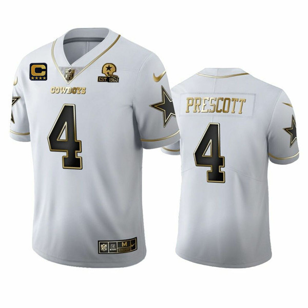 Dallas Cowboys #4 Dak Prescott White Golden Edition With C Patch And 1960 Patch Limited Stitched Jersey - Zenithce