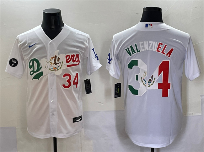Los Angeles Dodgers #34 Fernando Valenzuela White Mexico Special Vin Scully Patch Stitched Jersey - Zenithce
