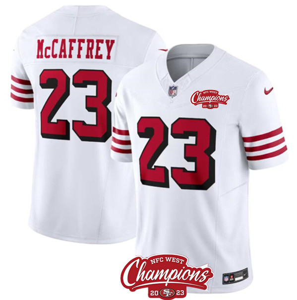 San Francisco 49ers #23 Christian McCaffrey White 2023 F.U.S.E. NFC West Champions Patch Alternate Stitched Jersey - Zenithce