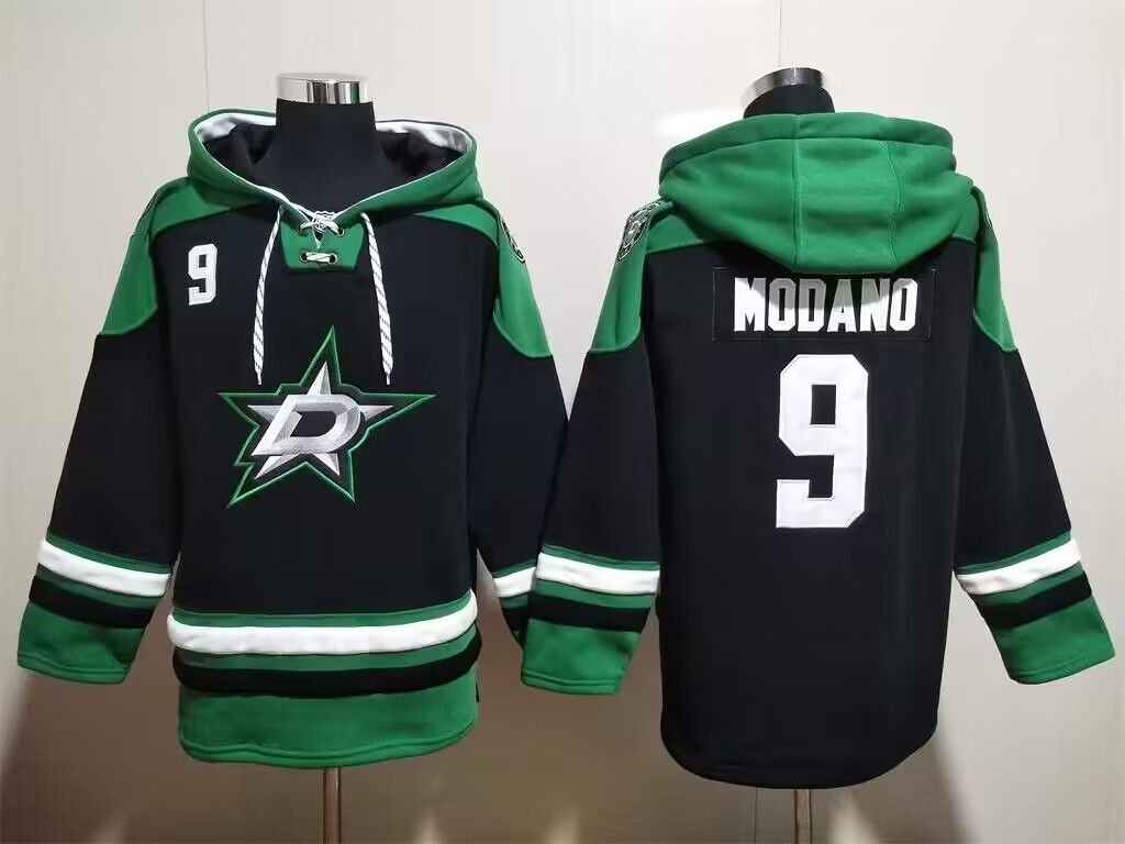 Dallas Stars #9 Mike Modano Black Green Lace-Up Pullover Hoodie - Zenithce