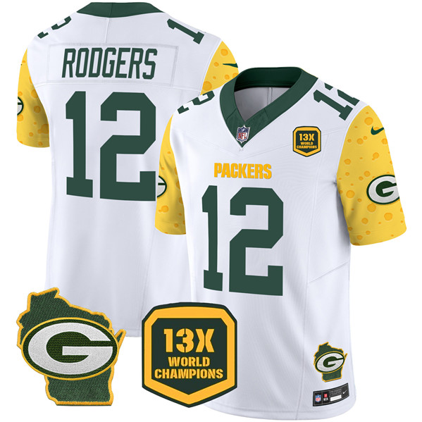 Green Bay Packers #12 Aaron Rodgers White 2024 F.U.S.E. 13 Time World Champions And Home Patch Vapor Untouchable Limited Stitched Jersey - Zenithce