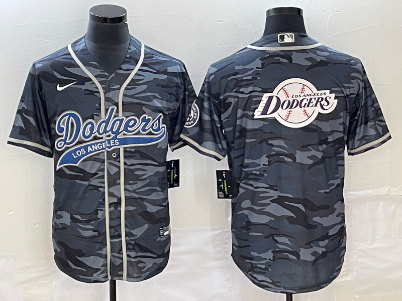 Los Angeles Dodgers Gray Camo Team Big Logo Cool Base With Patch Stitched Jersey - Zenithce