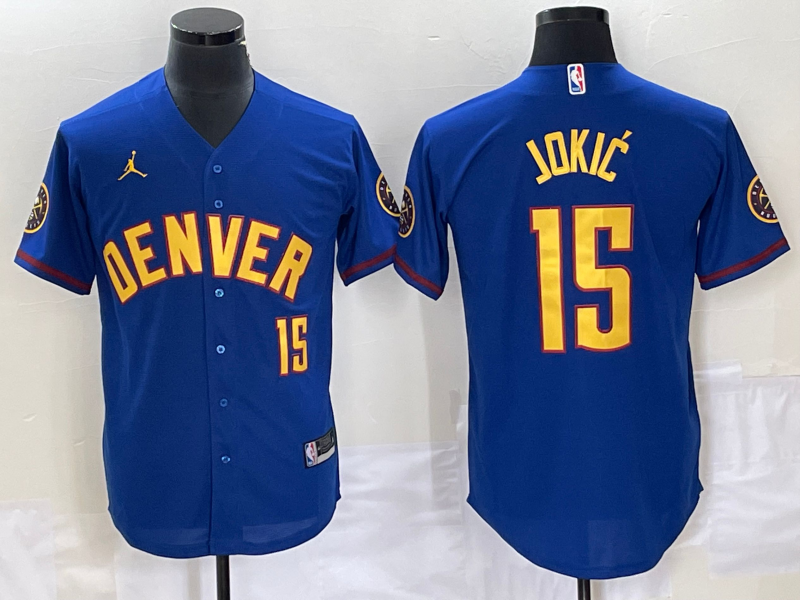 Denver Nuggets #15 Nikola Jokic Blue With Patch Stitched Baseball Jersey - Zenithce