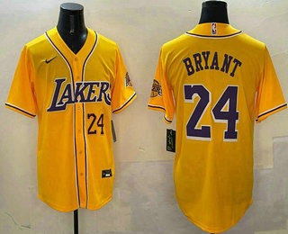 Los Angeles Lakers #24 Kobe Bryant Number Yellow Purple With Patch Cool Base Stitched Baseball Jersey - Zenithce