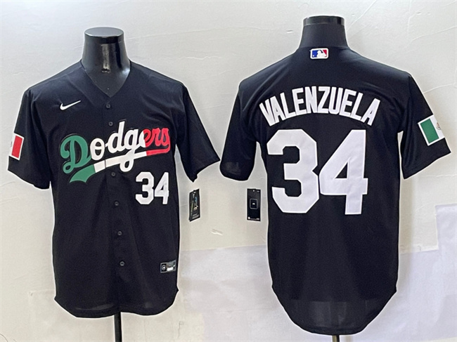 Los Angeles Dodgers #34 Fernando Valenzuela Black Mexico Flag Cool Base Stitched Jersey - Zenithce