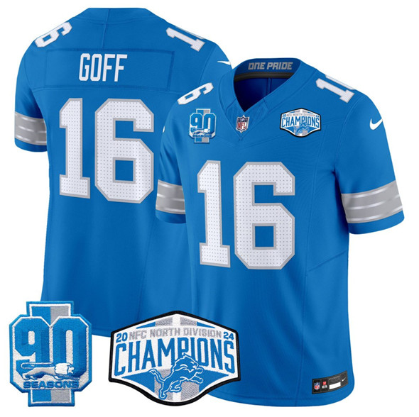 Detroit Lions #16 Jared Goff Blue 2024 NFC North Champions 90th Anniversary Patch F.U.S.E. Vapor Limited Stitched Jersey - Zenithce