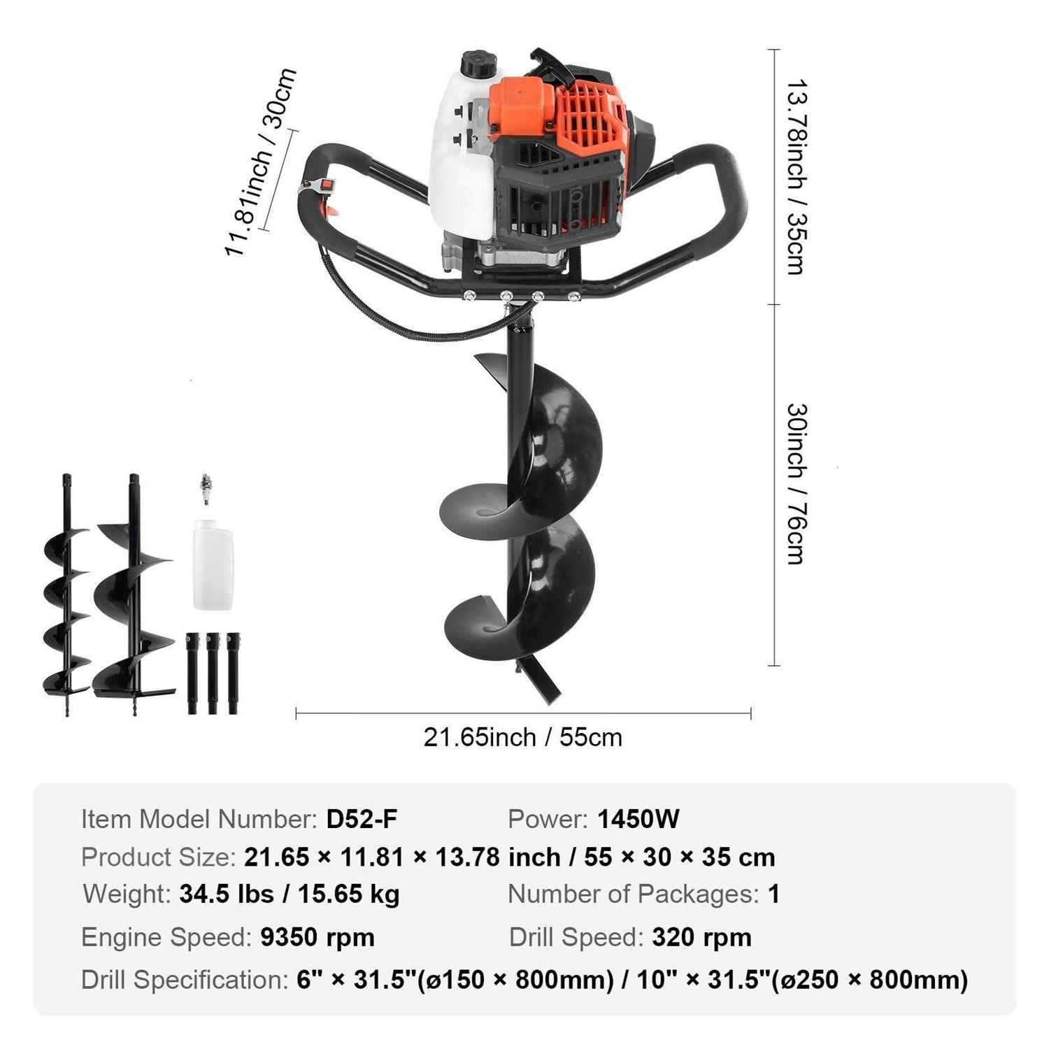 VEVOR Post Hole Digger Auger Post Hole Digger Gas Powered Earth Digger Earth Auger Drill Bit - Zenithce