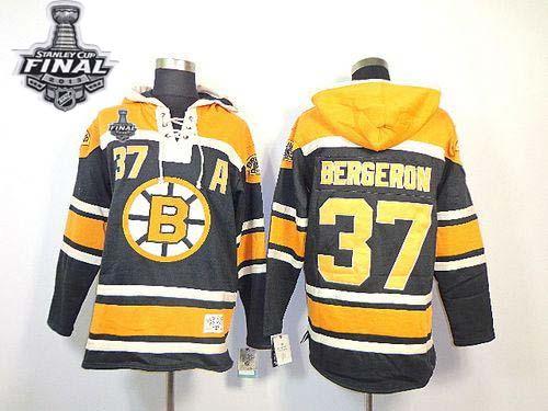 Bruins Stanley Cup Finals Patch #37 Patrice Bergeron Black Sawyer Hooded Sweatshirt Stitched Jersey - Zenithce