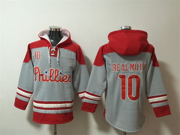 Philadelphia Phillies #10 J.T. Realmuto Grey Red Ageless Must-Have Lace-Up Pullover Hoodie - Zenithce