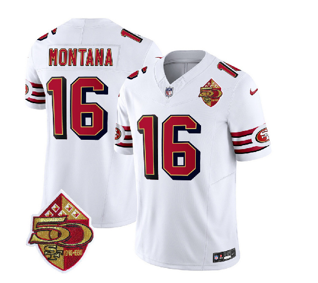 San Francisco 49ers #16 Joe Montana White 2023 F.U.S.E. 50th Patch Throwback Stitched Jersey - Zenithce