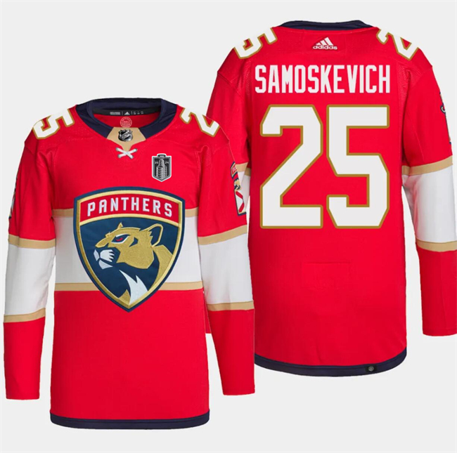 Florida Panthers #25 Mackie Samoskevich Red 2024 Stanley Cup Final Patch Stitched Jersey - Zenithce