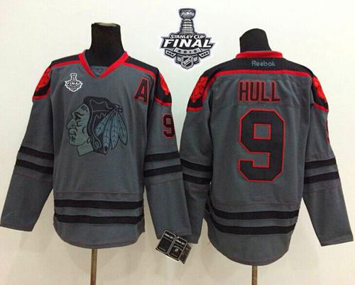 Blackhawks #9 Bobby Hull Charcoal Cross Check Fashion 2015 Stanley Cup Stitched Jersey - Zenithce