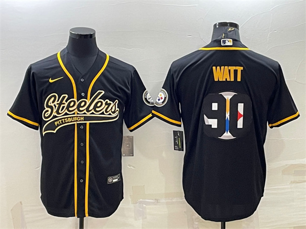 Pittsburgh Steelers #90 T. J. Watt Black Team Big Logo With Patch Cool Base Stitched Baseball Jersey - Zenithce