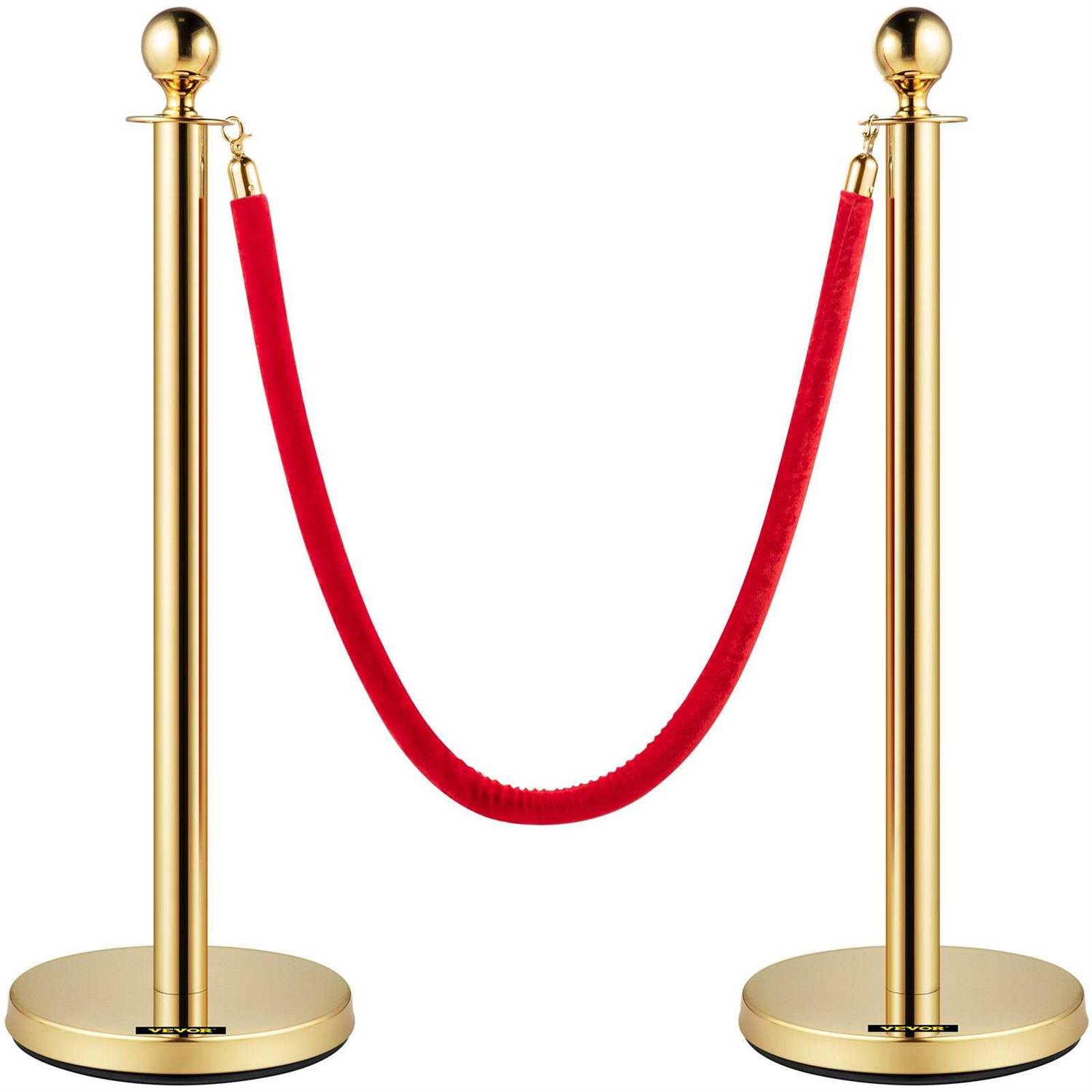 VEVOR Velvet Ropes and Posts 5 ft. Red Rope Stainless Steel Gold Stanchion with Ball Top Crowd Control Barrier - Zenithce