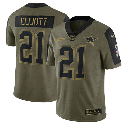 Dallas Cowboys #21 Ezekiel Elliott 2021 Olive Salute To Service Limited Stitched Jersey - Zenithce