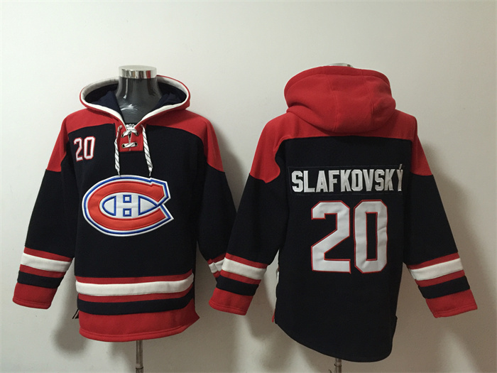 Montreal Canadiens #20 Juraj Slafkovsky Navy Red Lace-Up Pullover Hoodie - Zenithce