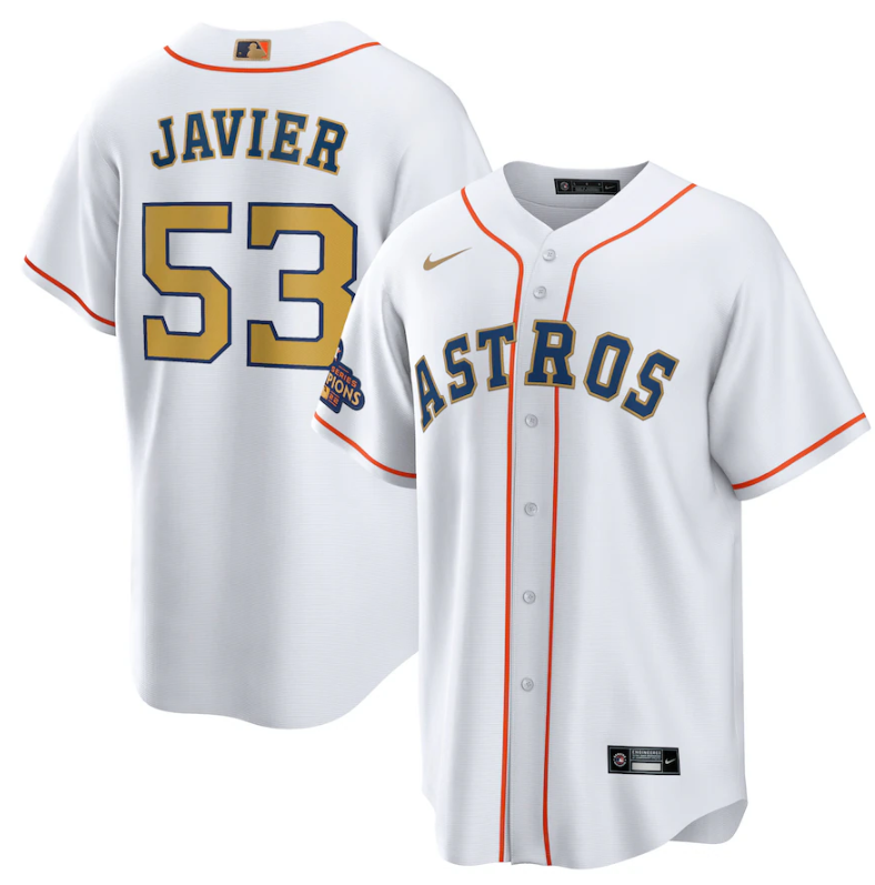 Houston Astros #53 Cristian Javier White 2023 Gold Collection With World Serise Champions Patch Cool Base Stitched Jersey - Zenithce
