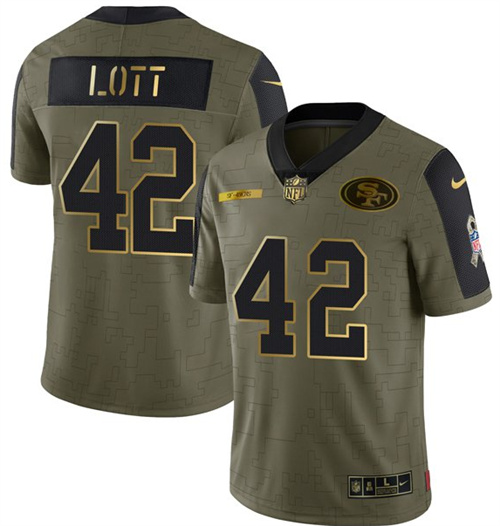 San Francisco 49ers #42 Ronnie Lott 2021 Olive Camo Salute To Service Golden Limited Stitched Jersey - Zenithce