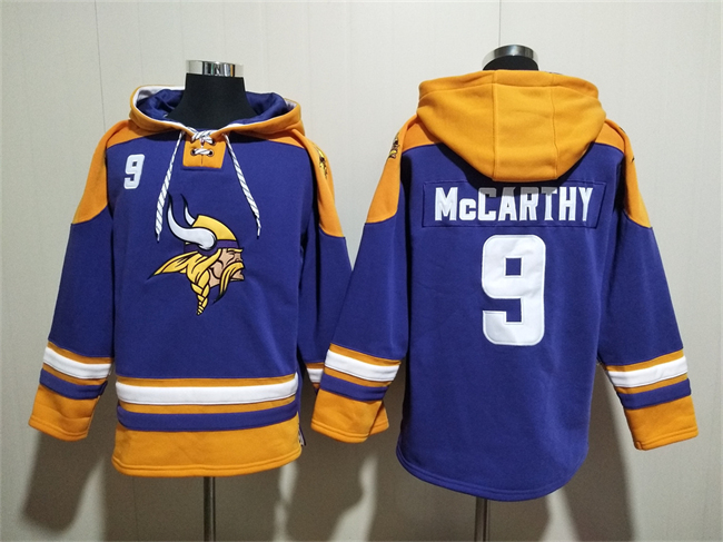 Minnesota Vikings #9 J.J. McCarthy Purple Yellow Ageless Must-Have Lace-Up Pullover Hoodie - Zenithce