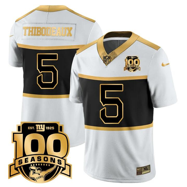 New York Giants #5 Kayvon Thibodeaux White Gold 100TH Season Commemorative Patch Limited Stitched Jersey - Zenithce