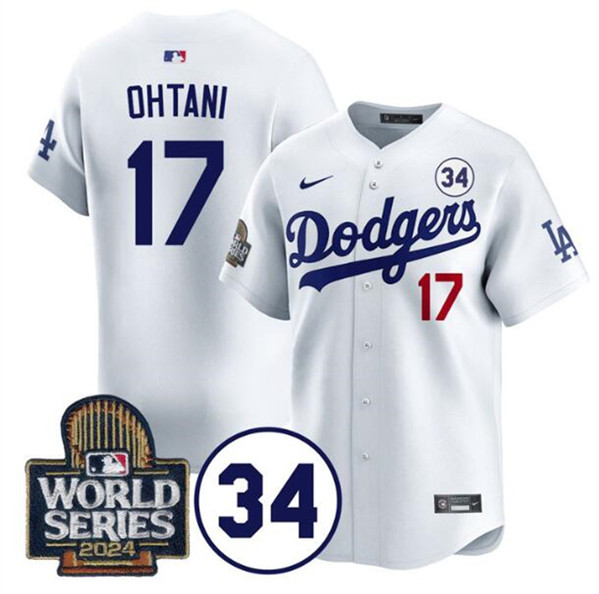 Los Angeles Dodgers #17 Shohei Ohtani White 2024 World Series With No. 34 Patch Limited Stitched Jersey - Zenithce