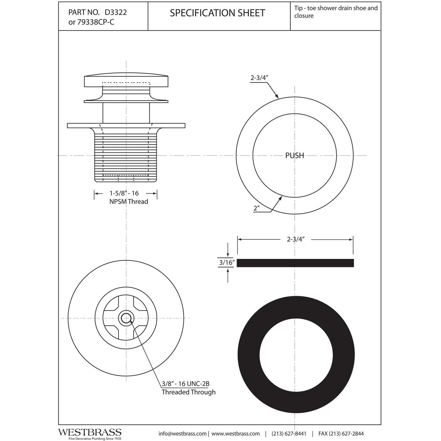 Westbrass 1.5 Tip Toe Bath Drain D3322 - Zenithce