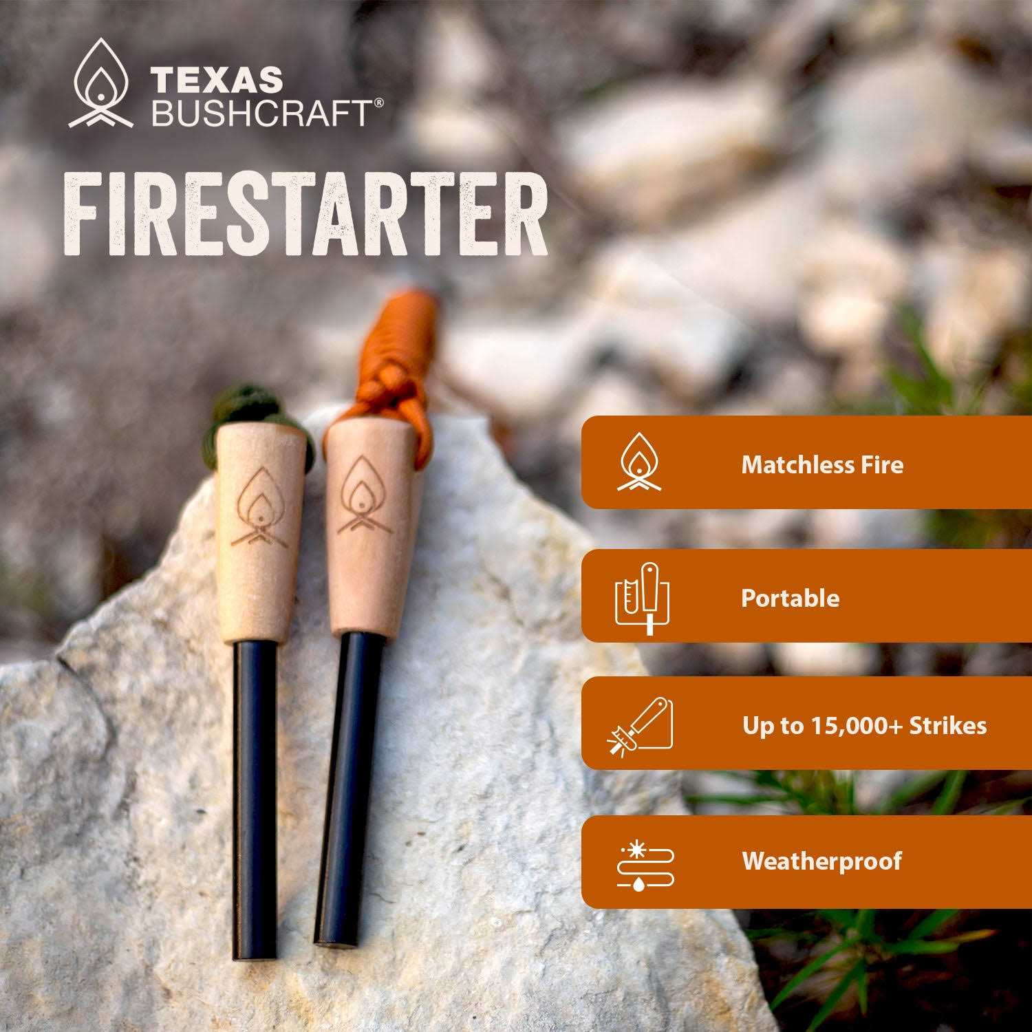 Texas Bushcraft Fire Starter 3/8 Thick Ferro Rod with Striker and Paracord Wrist Lanyard – Waterproof Flint Fire Steel Survival Lighter - Zenithce