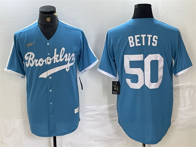 Los Angeles Dodgers #50 Mookie Betts Light Blue Throwback Cool Base Stitched Jersey - Zenithce