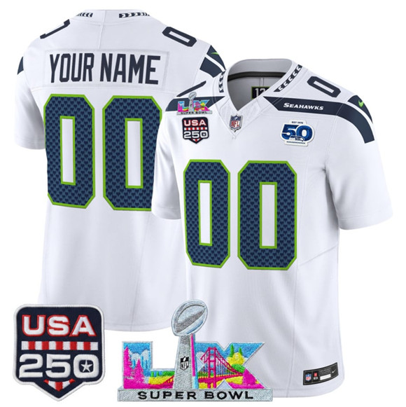 Seattle Seahawks Custom White 2025 F.U.S.E. Super Bowl LX US 250th anniversary Patch And 50th Season Patch Vapor Limited Stitched Jersey - Zenithce