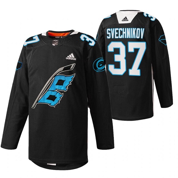 Carolina Hurricanes #37 Andrei Svechnikov 2022 Black Warm-Up Stitched Jersey - Zenithce
