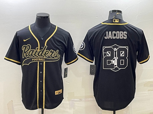Las Vegas Raiders #28 Josh Jacobs Black Gold Team Big Logo With Patch Cool Base Stitched Baseball Jersey - Zenithce