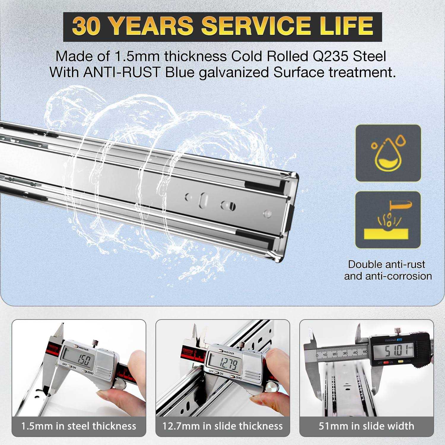 YENUO Heavy Duty Drawer Runners Slides with Lock 400 500 600 700 800 900 1000 Full Extension Ball Bearing Rails - Zenithce