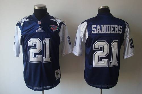 Mitchell Ness Cowboys #21 Deion Sanders Blue White With 75TH Stitched Throwback Jersey - Zenithce
