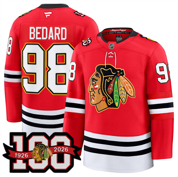 Chicago Blackhawks #98 Connor Bedard Red 2025 Home 100th Anniversary Stitched Jersey - Zenithce
