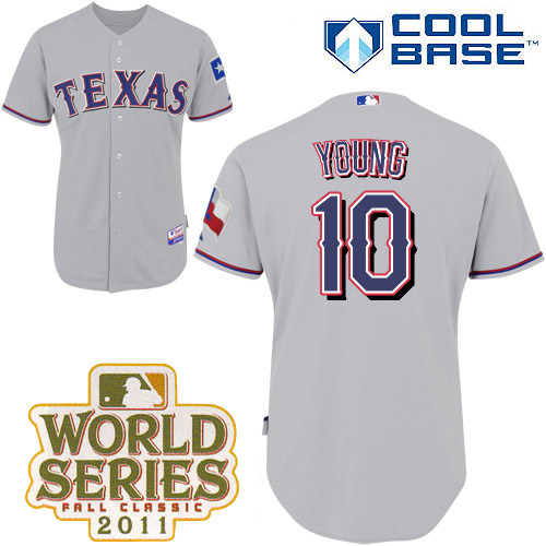 Rangers #10 Michael Young Grey Cool Base 2011 World Series Patch Stitched Jersey - Zenithce
