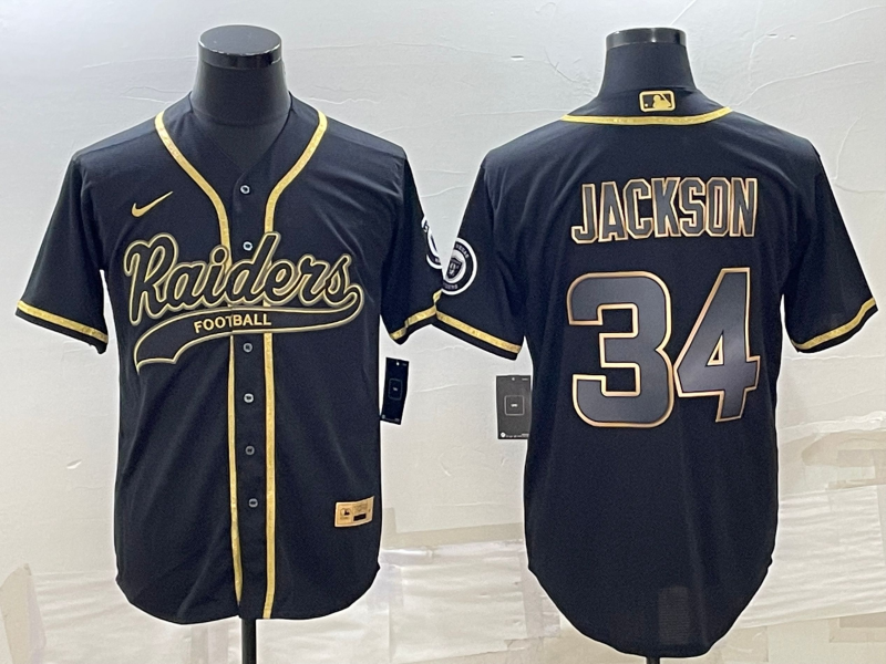 Las Vegas Raiders #34 Bo Jackson Black Gold With Patch Cool Base Stitched Baseball Jersey - Zenithce