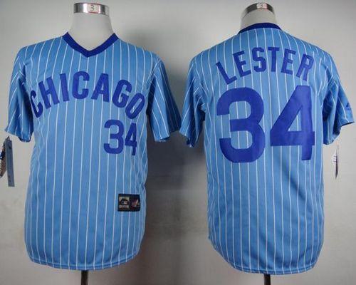 Cubs #34 Jon Lester Blue(White Strip) Cooperstown Throwback Stitched Jersey - Zenithce