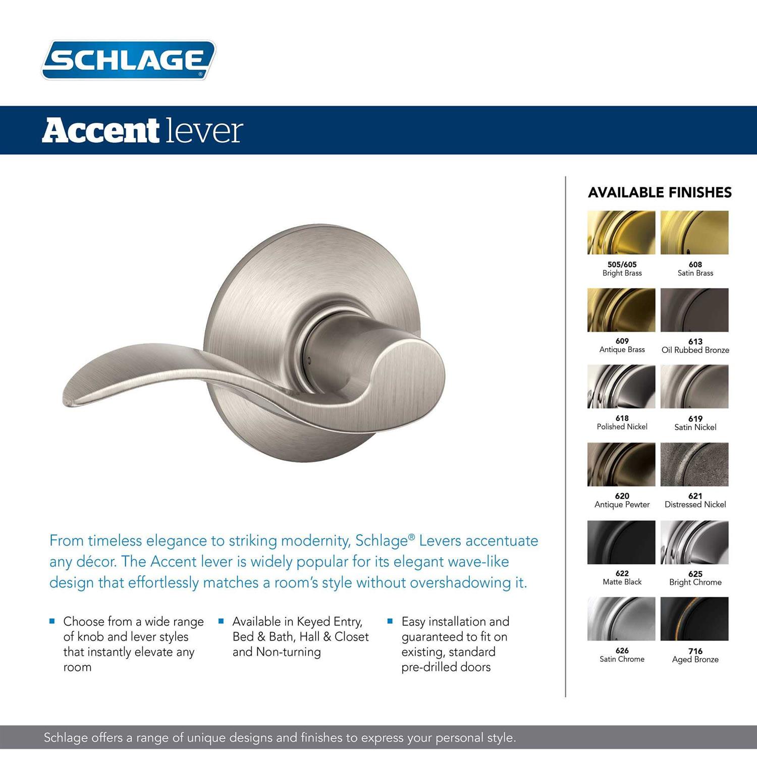 Schlage F170 ACC 619 RH Accent Right Hand Dummy Lever - Zenithce