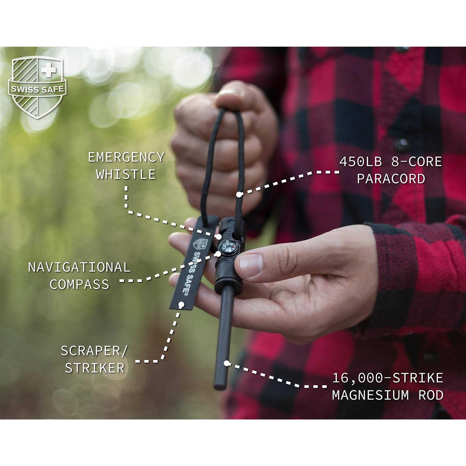 Swiss Safe 5-in-1 Fire Starter with Compass, Paracord and Whistle - Zenithce