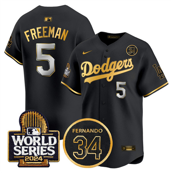 Los Angeles Dodgers #5 Freddie Freeman Black Gold 2024 World Series With Fernando Memorial Patch Limited Stitched Jersey - Zenithce